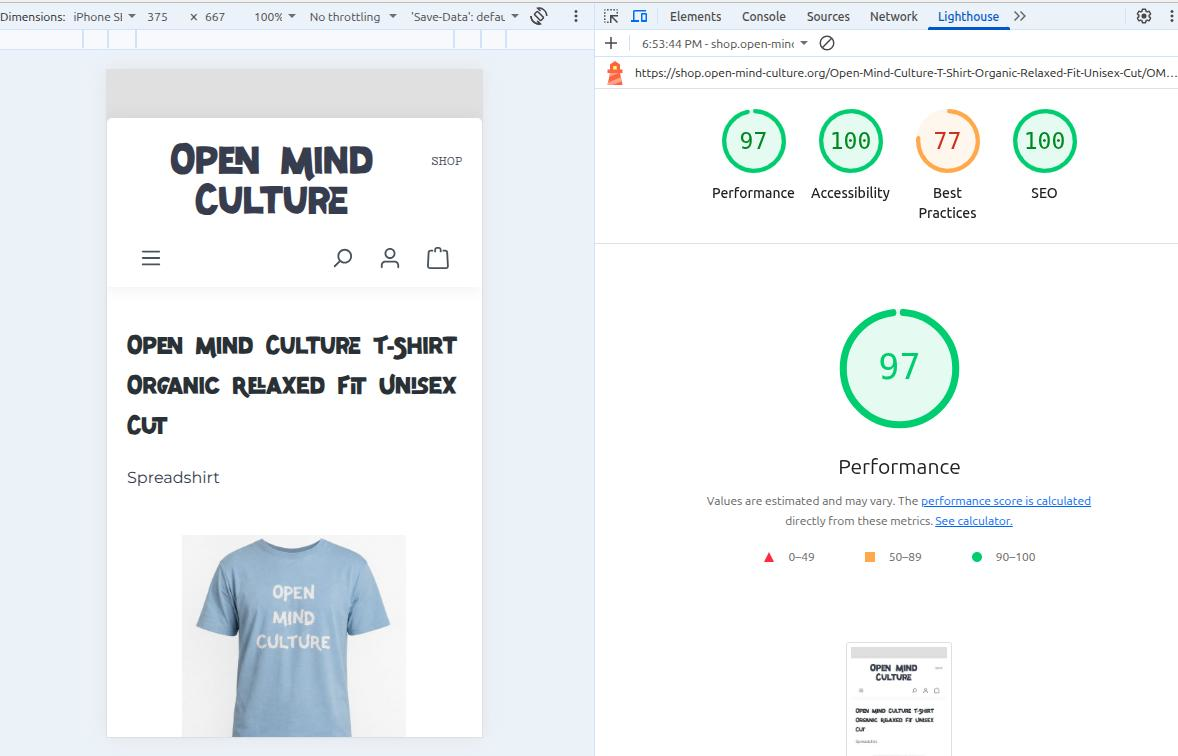 Screenshot: Lighthouse-Audit der Produktdetailseite des Shops mit 97 von 100 Punkten