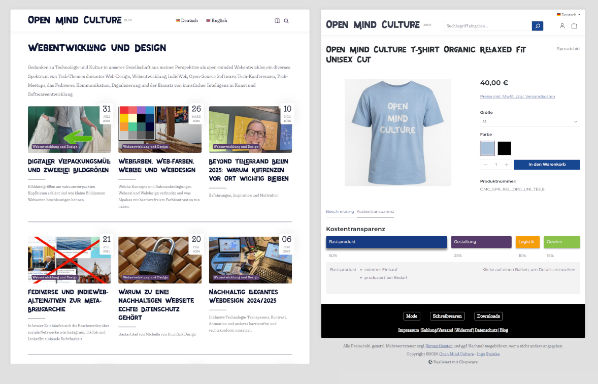 Screenshot der Shopware-Produktdetailseite des Shops mit Kostentransparenz-Diagramm, daneben die Blog-Übersicht als Vorlage im Vergleich