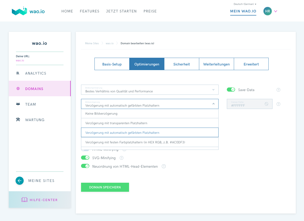 wao.io Screenshot: lazy loading UI